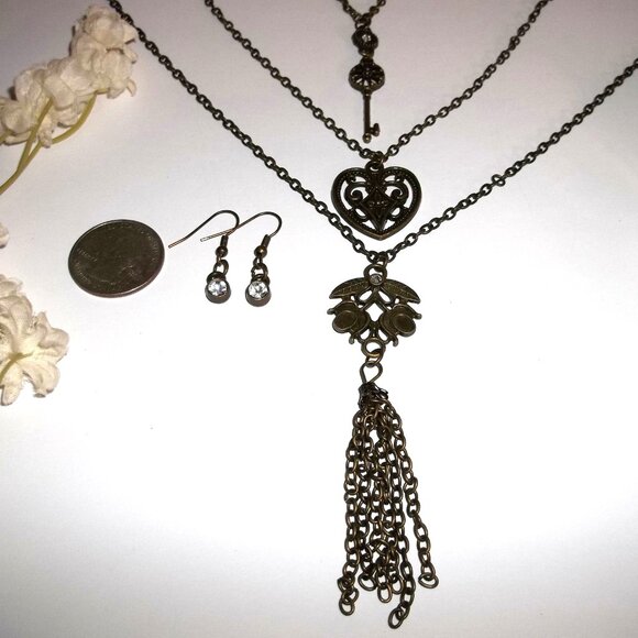 Bronze White Rhinestone Triple Layered Necklace Earring Key Heart Flower D186 - Picture 2 of 7